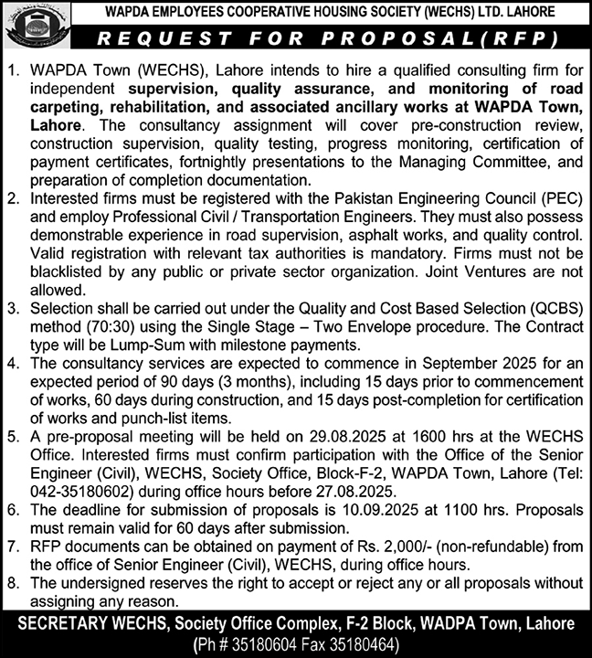 Wapda Cooperative Housing Society Lahore Tender Notice
